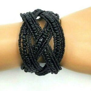 Vintage Handcrafted Black Cuff Bracelet Seed Bead Memory Wire Stretch Fashion